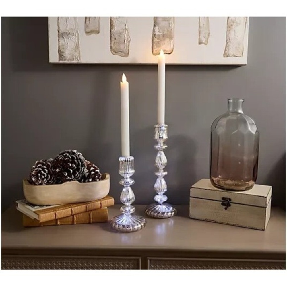 LWYA Kim Gravel Set of 2 Illuminated Mercury Glass Taper Candle Holders‎ Silver